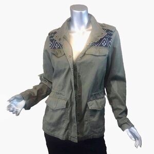 Mudd Embroidered Black Grey Detail Lightweight Green Utility Jacket Size Large